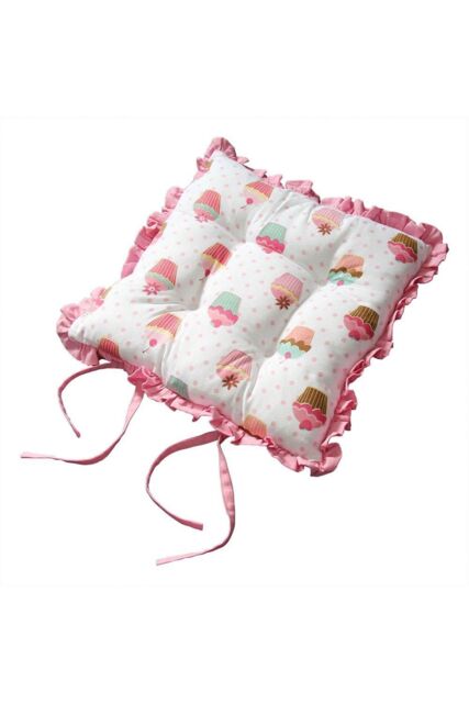 Homescapes Reversible Pink Frilled Cushion Seat Pad with Ties Cup Cakes - Size: 40 cm x 40 cm - image 1