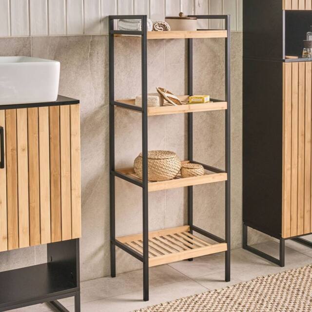 Wyld and Coco Zen Bamboo Bathroom Shelving Unit Light Brown Bamboo Black Steel - image 1