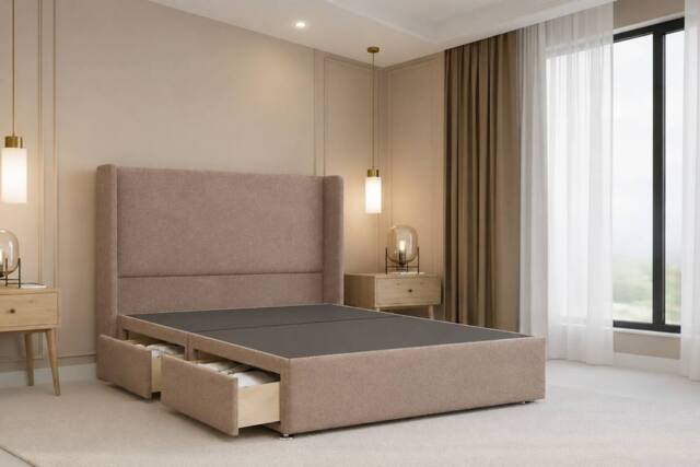 "Nexus Mattresses Ltd Portofino Plush Divan 2 Drawers Foot-End 54""Winged Headboard in Bronze - Size: Super King" - image 1
