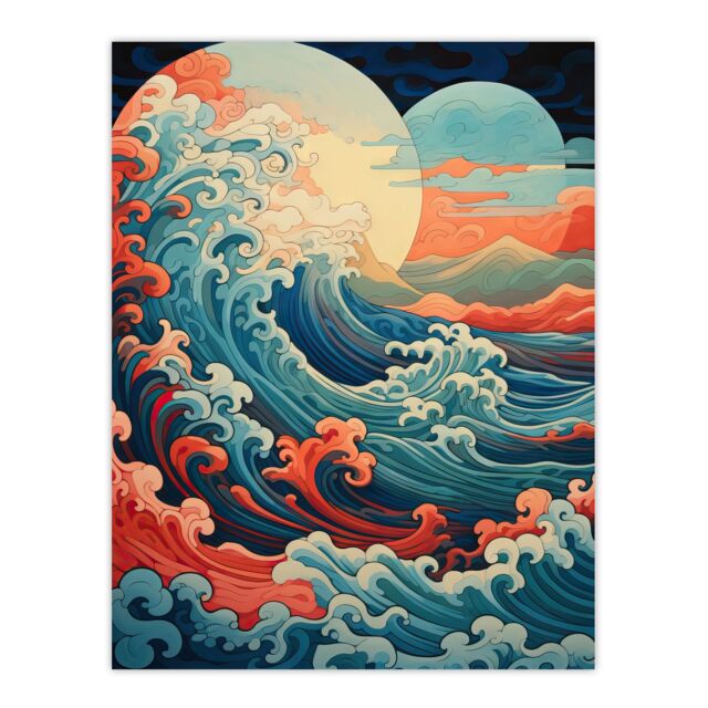 "Artery8 Wall Art Print Sea Waves Sunset Seascape Painting Pink Red Blue Great Wave Off-Kanagawa Stylised Depiction Poster - Size: W18"" x H24""" - image 1