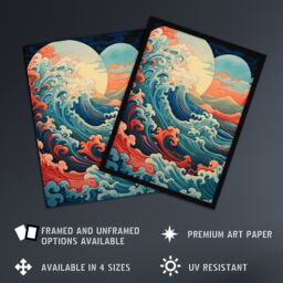 "Artery8 Wall Art Print Sea Waves Sunset Seascape Painting Pink Red Blue Great Wave Off-Kanagawa Stylised Depiction Poster - Size: W18"" x H24""" - thumbnail 2