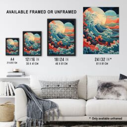 "Artery8 Wall Art Print Sea Waves Sunset Seascape Painting Pink Red Blue Great Wave Off-Kanagawa Stylised Depiction Poster - Size: W18"" x H24""" - thumbnail 3