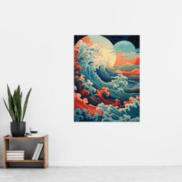 "Artery8 Wall Art Print Sea Waves Sunset Seascape Painting Pink Red Blue Great Wave Off-Kanagawa Stylised Depiction Poster - Size: W18"" x H24""" - thumbnail 4