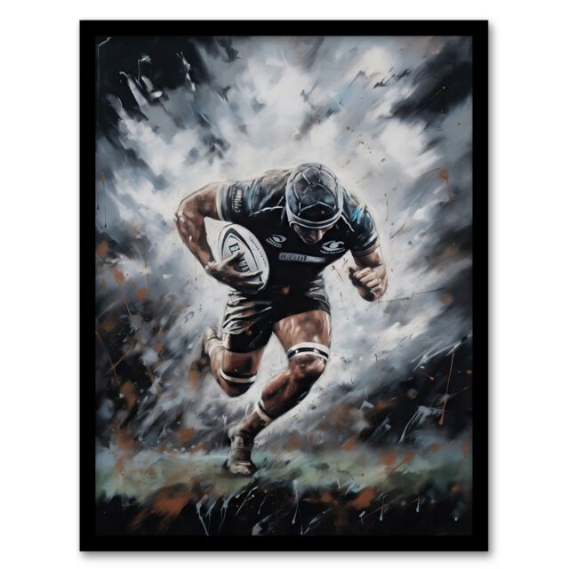 Artery8 Wall Art Print Rugby Forward Powering Through Action Artwork For Him Rugby Fan Man Cave Art Framed in Grey - Size: A4 - image 1