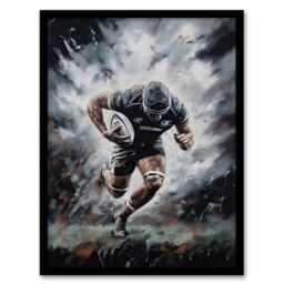 Artery8 Wall Art Print Rugby Forward Powering Through Action Artwork For Him Rugby Fan Man Cave Art Framed in Grey - Size: A4 - thumbnail 1