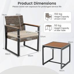Hinsinc 3 Piece PE Wicker Outdoor Patio Bistro Set in Brown - Size: 0.6m2 - thumbnail 2