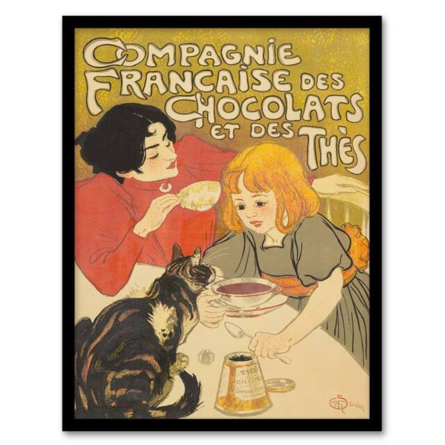 Artery8 Chocolate & Tea French Vintage Advert Steinlen Framed Wall Art Print - Size: A4 - image 1
