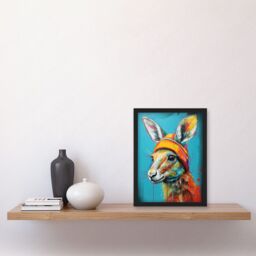 Artery8 Baby Kangaroo Joey Wearing Hat Teal & Orange Artwork Framed Wall Art Print A4 in Black - thumbnail 2