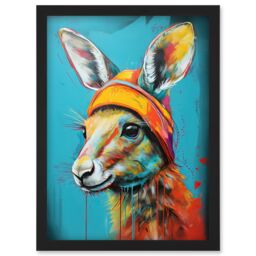 Artery8 Baby Kangaroo Joey Wearing Hat Teal & Orange Artwork Framed Wall Art Print A4 in Black - thumbnail 1
