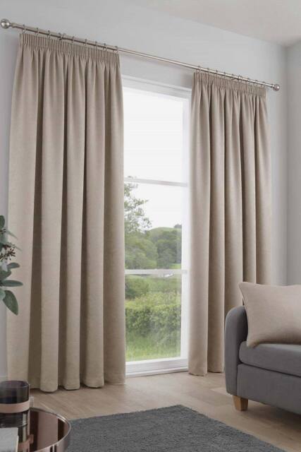 Fusion 'Galaxy' Pair of Light Reducing Thermal Effect Pencil Pleat Curtains in Natural - Size: 117 cm width x 183 cm drop - image 1
