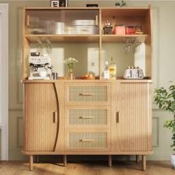 BTM Rattan Sideboard Glass Doors Tall Kitchen Cabinet Storage in Natural - thumbnail 3