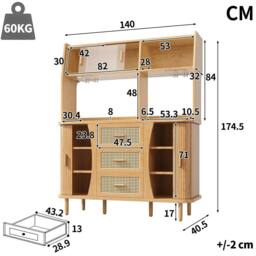 BTM Rattan Sideboard Glass Doors Tall Kitchen Cabinet Storage in Natural - thumbnail 5