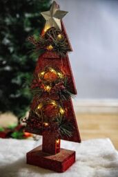 Shatchi Christmas Home Decoration Battery Operated Red Tree Tabletop Decorated with Berries, Pines & Small Warm White Bulbs