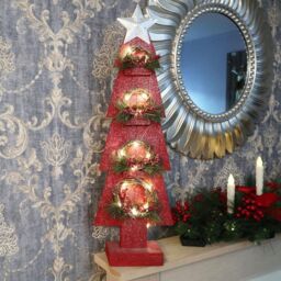 Shatchi Christmas Home Decoration Battery Operated Red Tree Tabletop Decorated with Berries, Pines & Small Warm White Bulbs - thumbnail 3