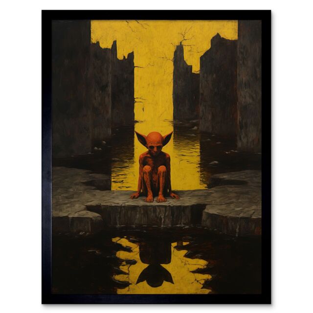 "Artery8 Wall Art Print Nosferatu Lair Conceptual Art Oil Painting Yellow Sky Castle Ruins Red Demon Water Reflection Art Framed - Size: W12"" x H16""" - image 1