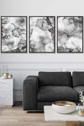 ARTZE Set of 3 Black Framed Abstract Floral Fluid in Grey Wall Art in Mid Grey - Size: W45 cm x H62 cm x D20mm - thumbnail 1