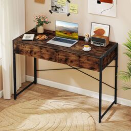 Gymax Modern Computer Desk Compact Writing Desk With 2 Drawers-Brown in Brown - thumbnail 8