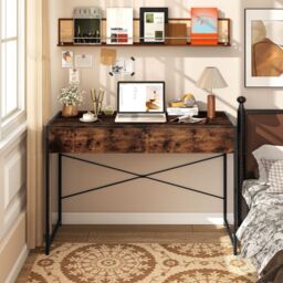 Gymax Modern Computer Desk Compact Writing Desk With 2 Drawers-Brown in Brown - thumbnail 6