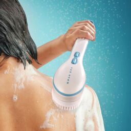 mysmartbuy Battery Operated Body Brush for Shower with 4 Attachments - Long Handled Scrubber with Pumice Stone, Exfoliator & Cleansing Heads in White