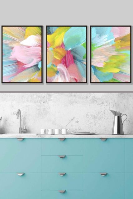 ARTZE Set of 3 Black Framed Abstract Bright Painted Fractal Wall Art - Size: W53 cm x H73 cm x D20mm - image 1