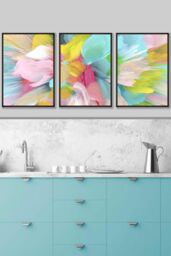 ARTZE Set of 3 Black Framed Abstract Bright Painted Fractal Wall Art - Size: W53 cm x H73 cm x D20mm