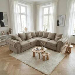Abakus Direct Verona Linen Corner Sofa with Button Detail in Taupe - thumbnail 7
