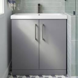 Balterley Bathroom Floor Standing 2-Door Vanity Unit Basin, Satin Grey, 800mm in Grey - thumbnail 5