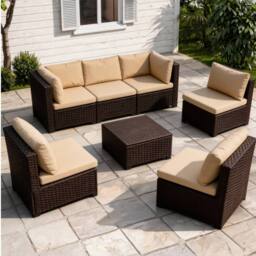 FURNITURE ONE 7 Piece Rattan Garden Furniture Set with Coffee Table - Brown - Size: 1 Pack - thumbnail 1