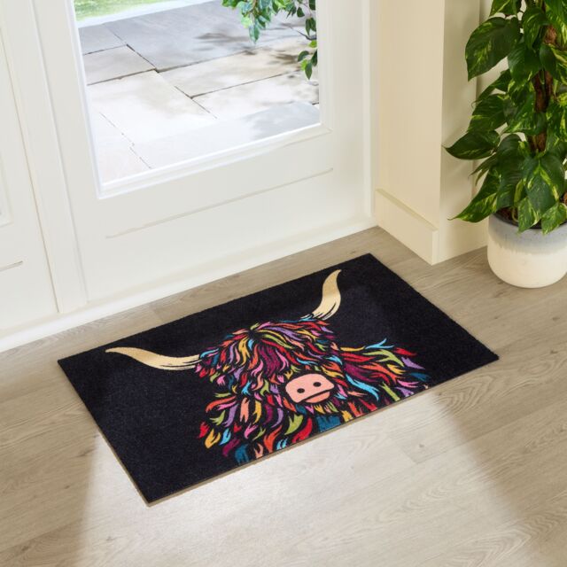 Artsy Mats Highland Cow Indoor Washable Doormat in Black - Size: 50 cm x 80 cm - image 1