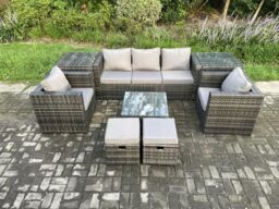 Fimous Wicker 8 Pieces Rattan Garden Furniture Sofa Set with Armchair 2 Side Tables Square Coffee Table Dark Grey Mixed - thumbnail 1