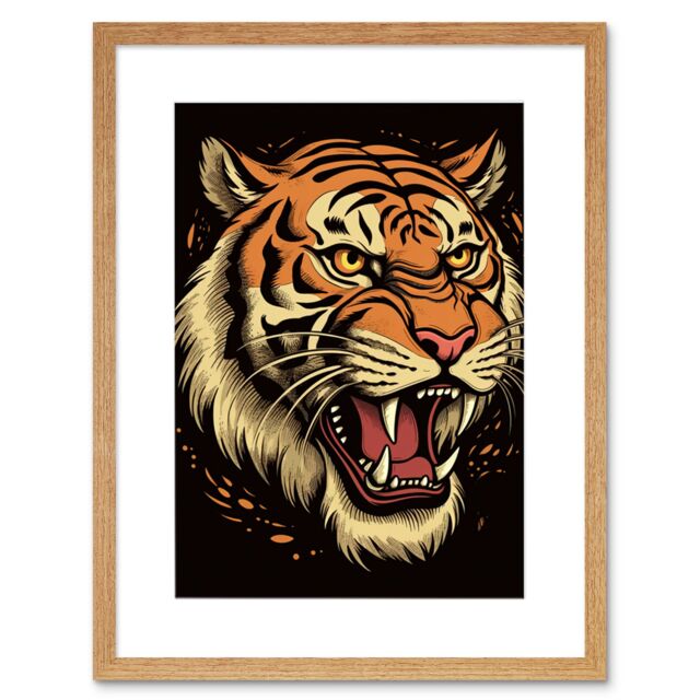 "Artery8 Wall Art Print Old School USA Tattoo Ink Body Art Growling Tiger Rockabilly Americana 50s Artwork Framed 9X7 Inch in Beige - Size: W7"" x H9""" - image 1