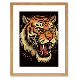 "Artery8 Wall Art Print Old School USA Tattoo Ink Body Art Growling Tiger Rockabilly Americana 50s Artwork Framed 9X7 Inch in Beige - Size: W7"" x H9""" - thumbnail 1