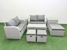 Fimous 7 Seater Outdoor Love Sofa Set Rattan Garden Furniture Set with Oblong Coffee Table 3 Footstool 2 Side Tables Light Grey - thumbnail 2