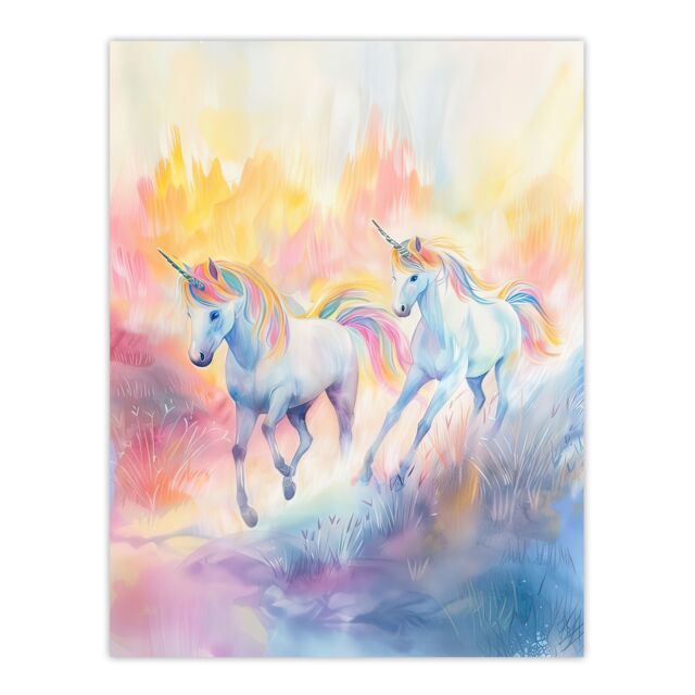 "Artery8 Dreamy Rainbow Unicorns in Pastel Colour Forest Wall Art Print - Size: W18"" x H24""" - image 1