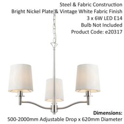 Loops Bright Nickel 3 Light Ceiling Pendant Fitting & Vintage White Fabric Shades in Metallics - thumbnail 2