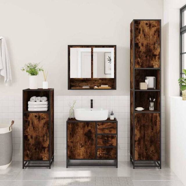 Berkfield Home Durable 4¬†Piece Bathroom Furniture Set¬†Smoked Oak Engineered Wood in Brown - image 1