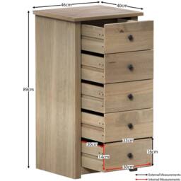 Havendro 5 Drawer Chest of Drawers Narrow Solid Pine Wood in Beige - thumbnail 2