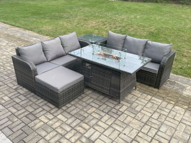 Fimous Garden Patio Furniture Wicker Rattan Gas Fire Pit Table & Sofa set with Side Table Big Footstool in Dark Grey - image 1