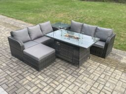 Fimous Garden Patio Furniture Wicker Rattan Gas Fire Pit Table & Sofa set with Side Table Big Footstool in Dark Grey - thumbnail 1