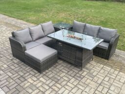 Fimous Garden Patio Furniture Wicker Rattan Gas Fire Pit Table & Sofa set with Side Table Big Footstool in Dark Grey - thumbnail 3