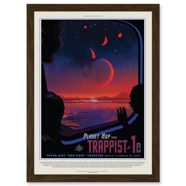 Artery8 Nasa Space Travel Advert Trappist 1E Planet Hop A4 Artwork Framed Wall Art Print in Brown - image 1