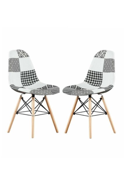 Life Interiors Set of 2 Patchwork Modern Dining Chairs with Wooden Legs & Black Metal Wire Frame - image 1