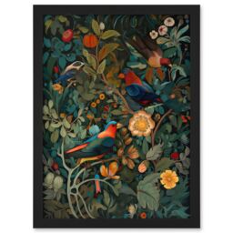 Artery8 Parrots on Exotic Blooming Trees Modern Folk Art Artwork Framed Wall Art Print A4 in Black - thumbnail 1