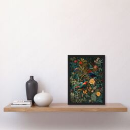 Artery8 Parrots on Exotic Blooming Trees Modern Folk Art Artwork Framed Wall Art Print A4 in Black - thumbnail 2