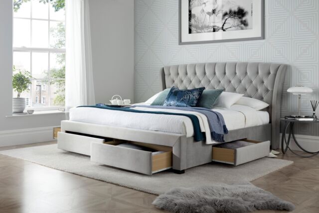 Bedmaster Newton Velvet 4 Drawer Storage Bed in Grey - Size: Double - image 1