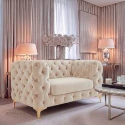 Sofaya Monaco Chesterfield Velvet Arm Chair Cushions Sofa Seater Couch in Cream - Size: Armchair - thumbnail 1
