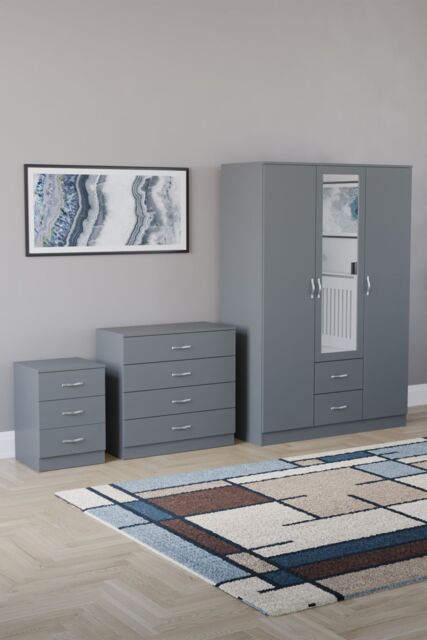 Home Discount Vida Designs 3Pc Bedroom Set 3Bedside, 4 Drawer Chest, Mirror Wardrobe in Grey - image 1