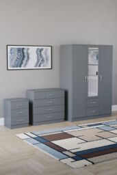 Home Discount Vida Designs 3Pc Bedroom Set 3Bedside, 4 Drawer Chest, Mirror Wardrobe in Grey