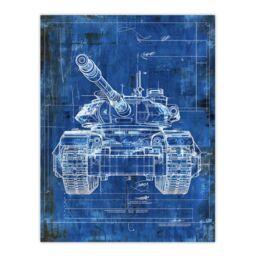 "Artery8 Tank Blueprint Drawing Detailed Military Vehicle Wall Art Print in Blue - Size: W12"" x H16""" - thumbnail 1