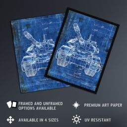 "Artery8 Tank Blueprint Drawing Detailed Military Vehicle Wall Art Print in Blue - Size: W12"" x H16""" - thumbnail 2